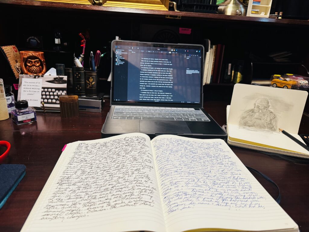 Nick Marsan’s desk where he writes as a therapeutic experience.
