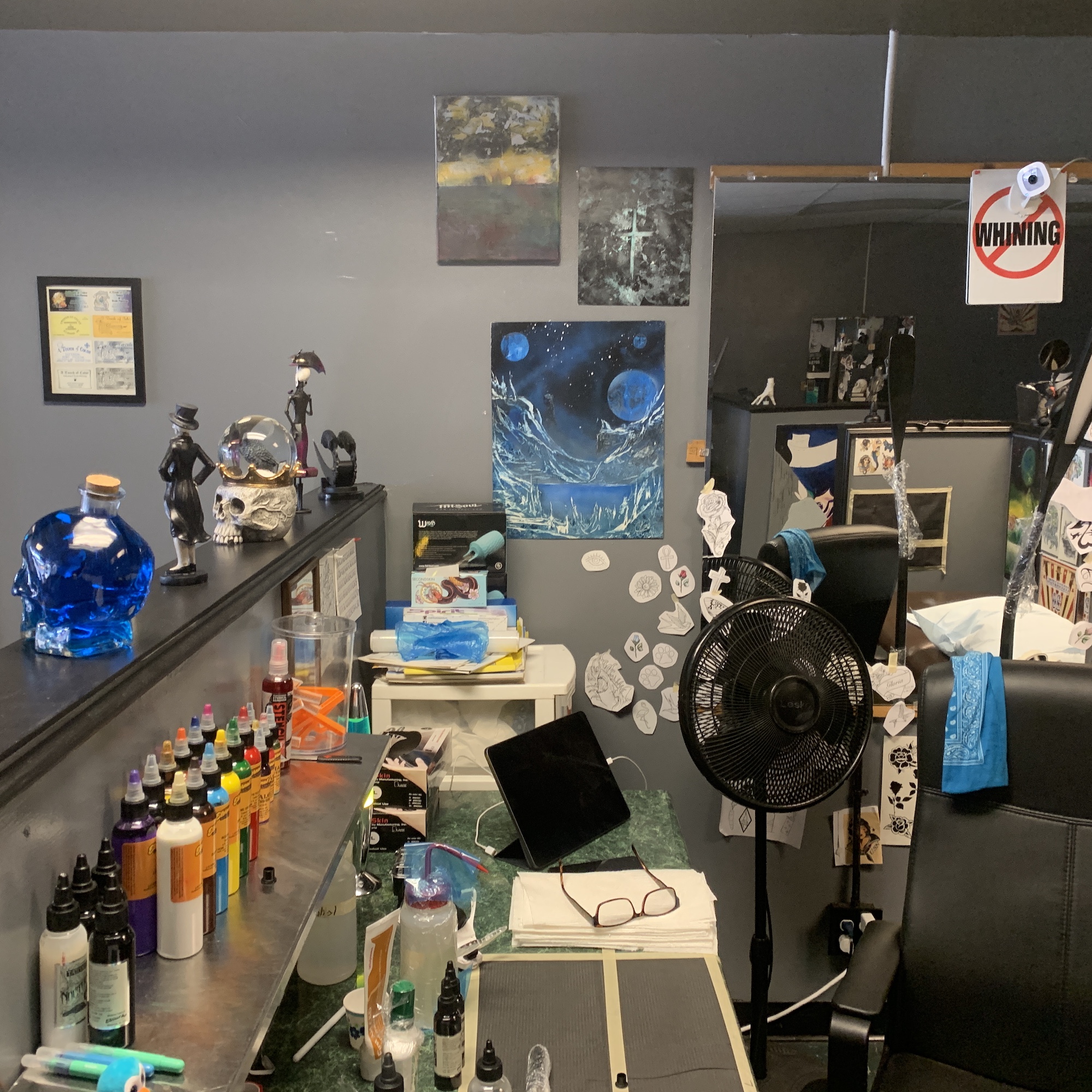 Here is a typical work station at Lovecraft Tattoo Parlor in Hamden, CT. Tattoo parlors were just granted less restrictive zoning laws in the town, making it easier to set up shop and start providing their services to locals in a more convenient manner.