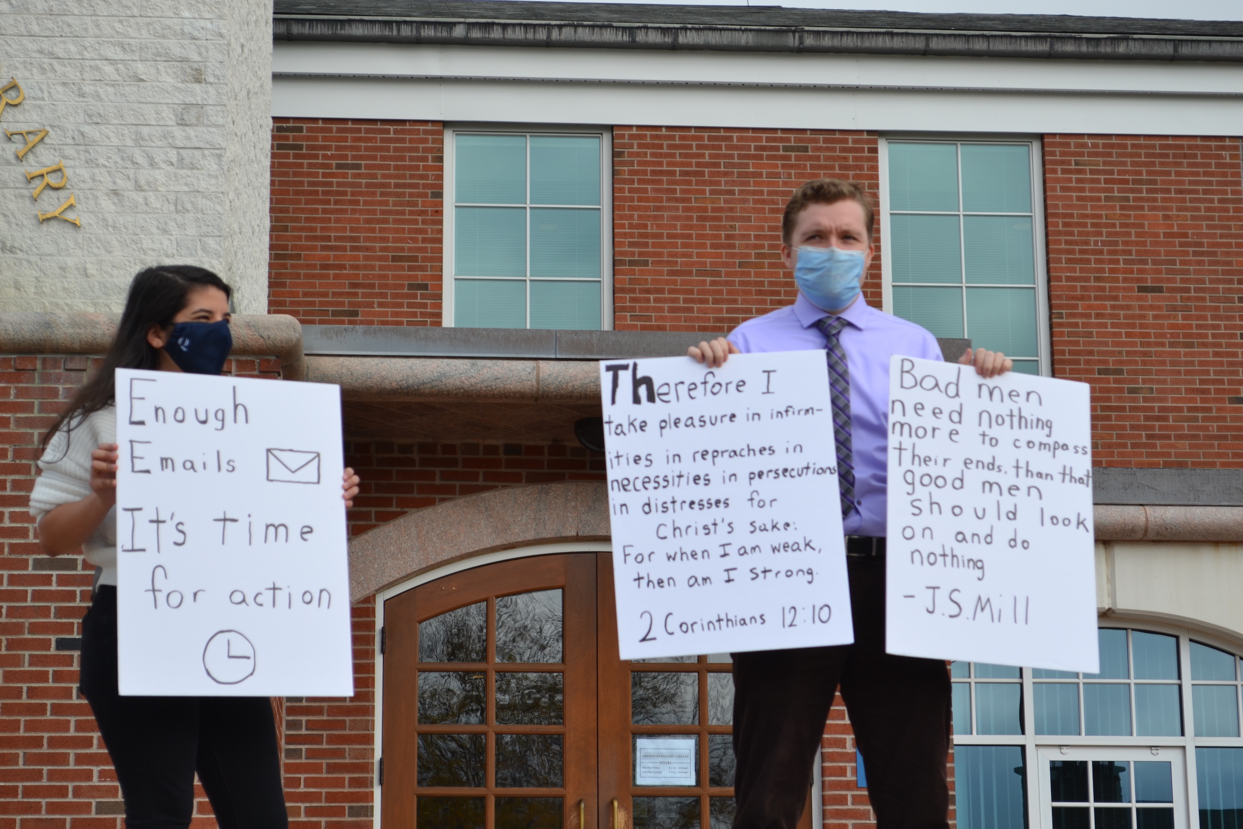 Students from the Gender and Sexuality Alliance were joined by non-members last Wednesday for more than four hours on the Quinnipiac library steps. members of the association are glad to see that communication with administration is frequent and consistent. (photo by Owen Doody)