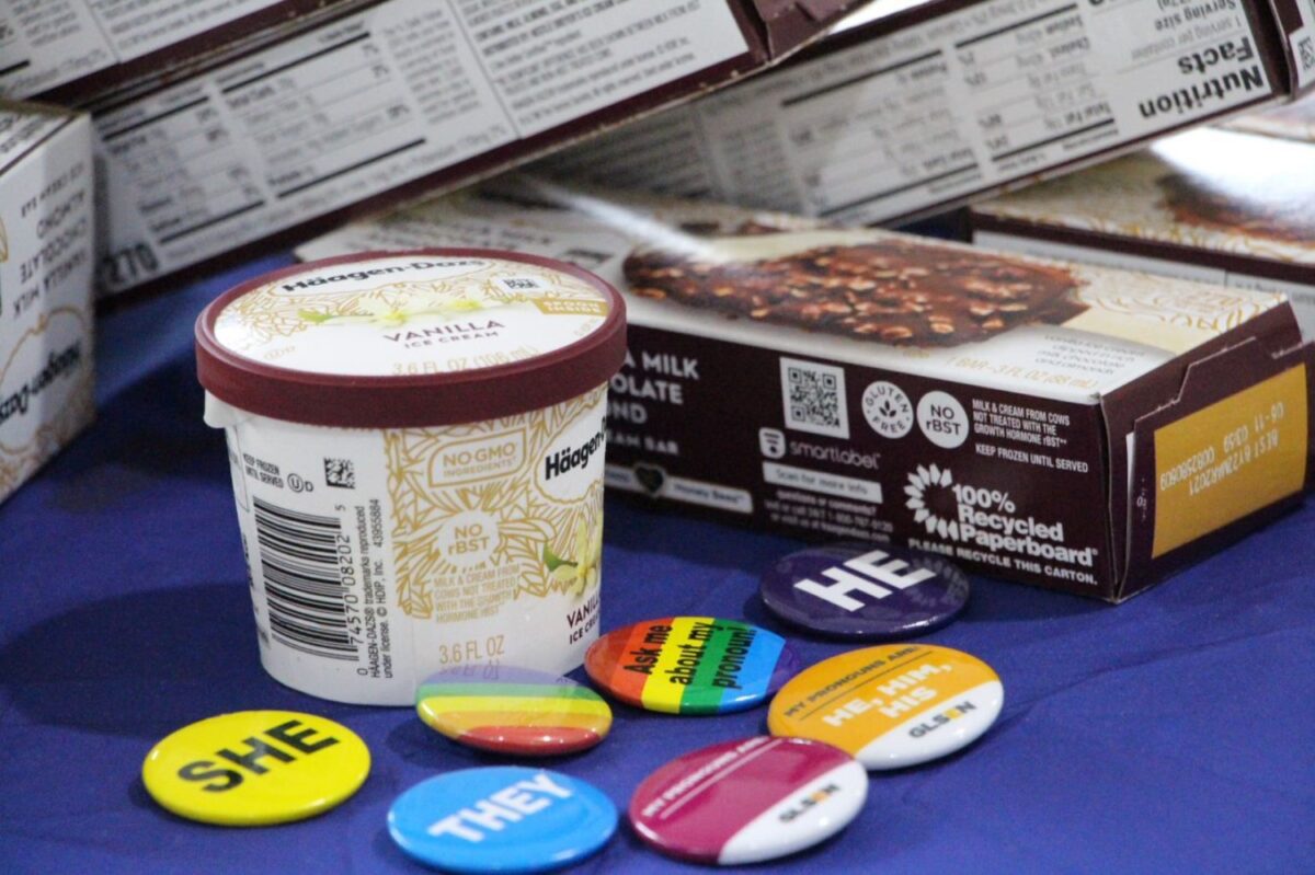 The Gender and Sexuality Alliance gave out ice cream and buttons in the South Lot at Quinnipiac on Monday, Oct. 12 (Credit: Stephen MacLeod).