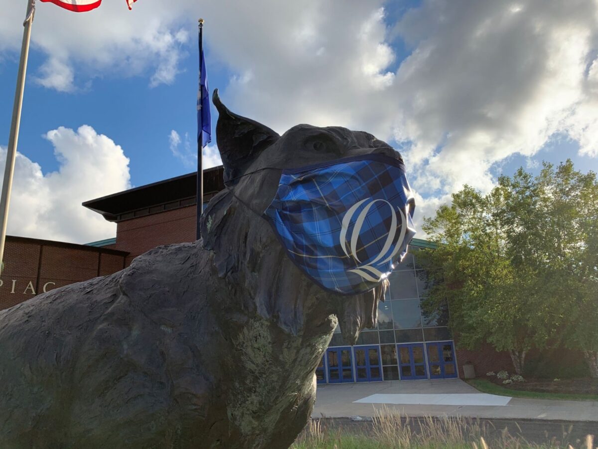 Quinnipiac-themed masks have been placed on Bobcat statues across campus to remind students to wear one themselves