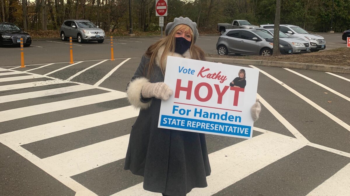 Kathy Hoyt, Republican election for state representative in the 88th district, on the streets talking to members of the local community at Hamden Middle School. She's pushing for a victory over Democrat Josh Elliott. (photo by Matt Nygaard)