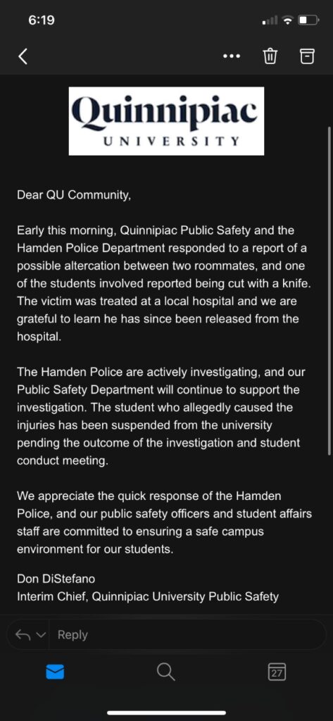 Screenshot of email sent by the university at 8:33 p.m. on Friday, Feb. 26