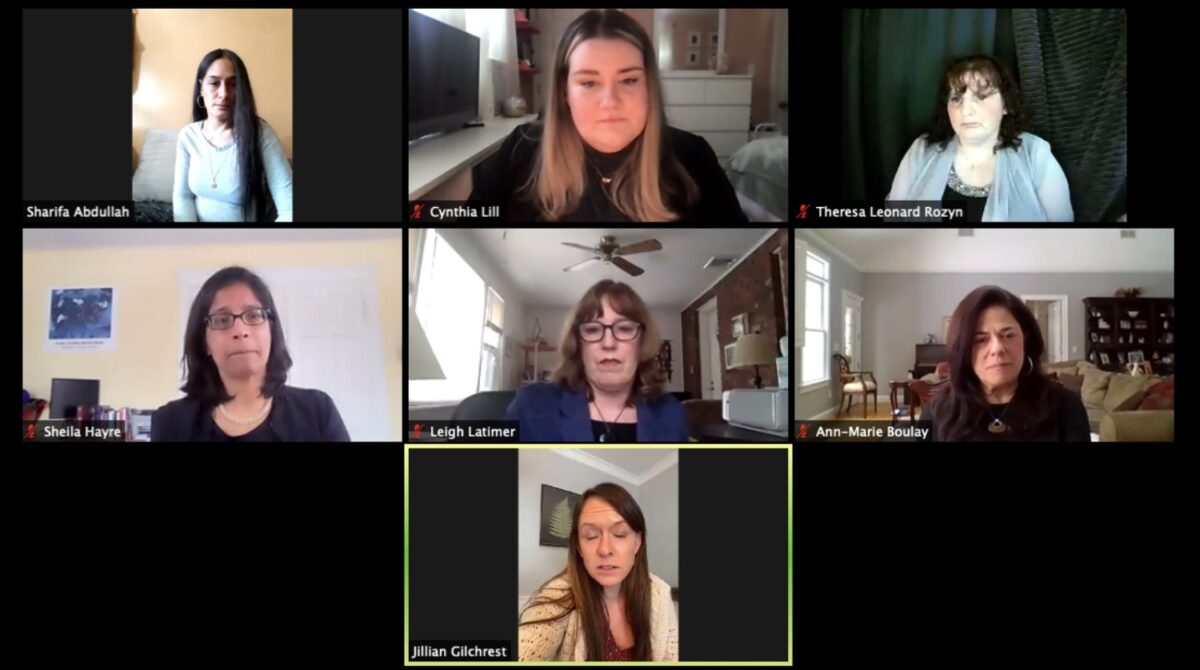 Quinnipiac School of Law held the second installment of its “Understanding Human Trafficking” webinar series. Panelists include third-year QU law student Cynthia Lill, West Hartford State Representative Jillian Gilchrest, human trafficking survivors Sharifa Abdullah and Theresa Rozyn and activist group leaders Ann-Marie Boulay and Leigh Latimer. Screenshot by Emily DiSalvo,