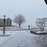 Snow coats walkways on Quinnipiac's York Hill Campus.