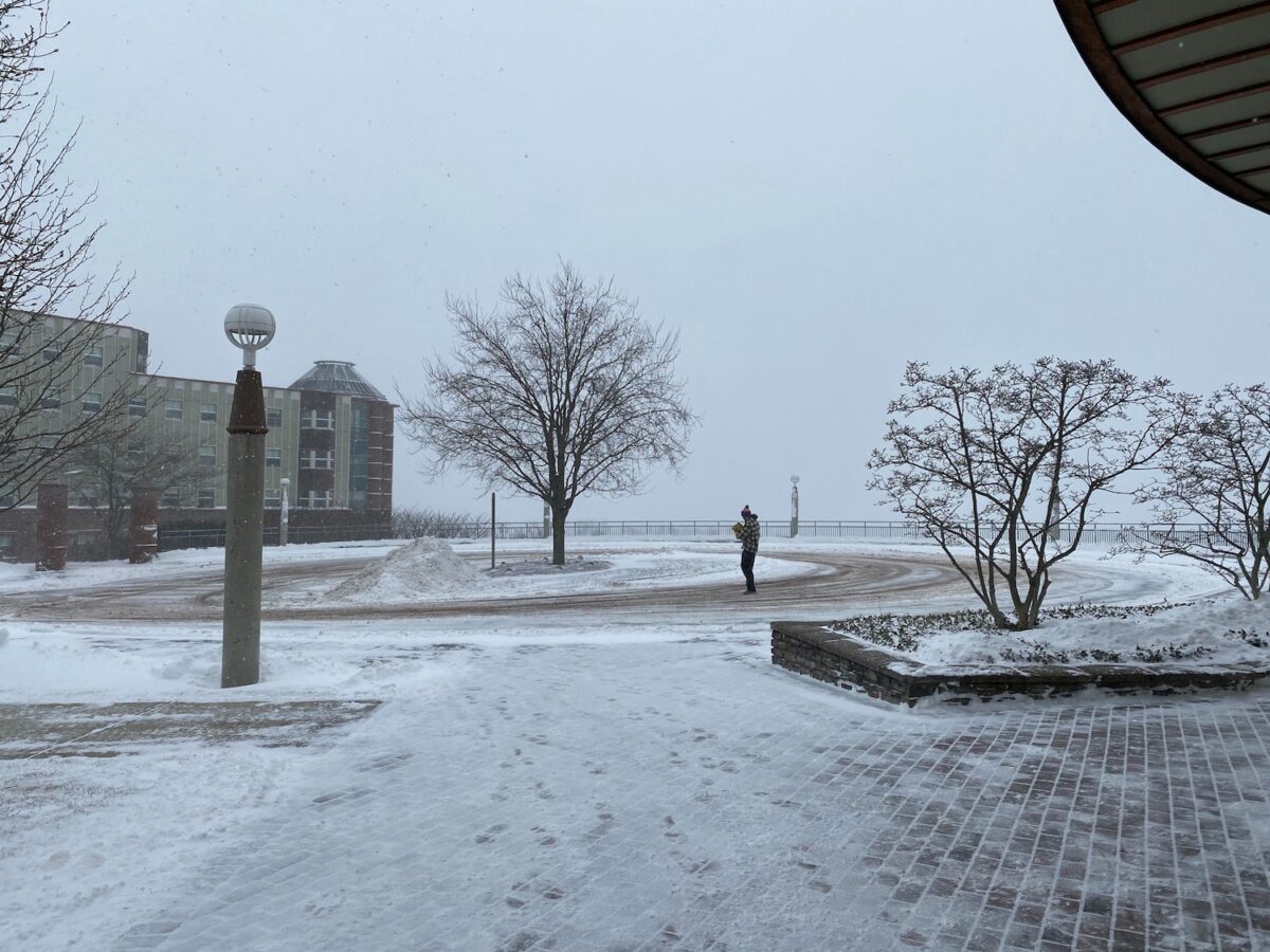 Snow coats walkways on Quinnipiac's York Hill Campus.