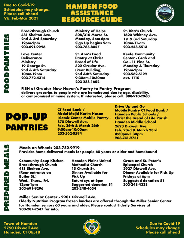 The Hamden Food Insecurity Task Force offers several programs to help Hamden residents in need stock up on food items and prepared meals. Screenshot from Town of Hamden on Facebook.