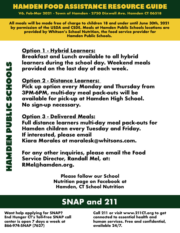 The Hamden Food Insecurity Task Force partnered with Hamden Public Schools to ensure students learning via distance and in-person have meals available to them. Screenshot from Town of Hamden on Facebook.