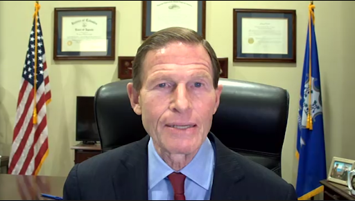 U.S. Senator Richard Blumenthal answers questions from a virtual audience at the People’s United Center for Innovation & Entrepreneurship Speaker Series. Screenshot via event.