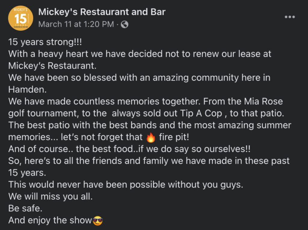 Mickey's Facebook announcement that the restaurant would be closing.
