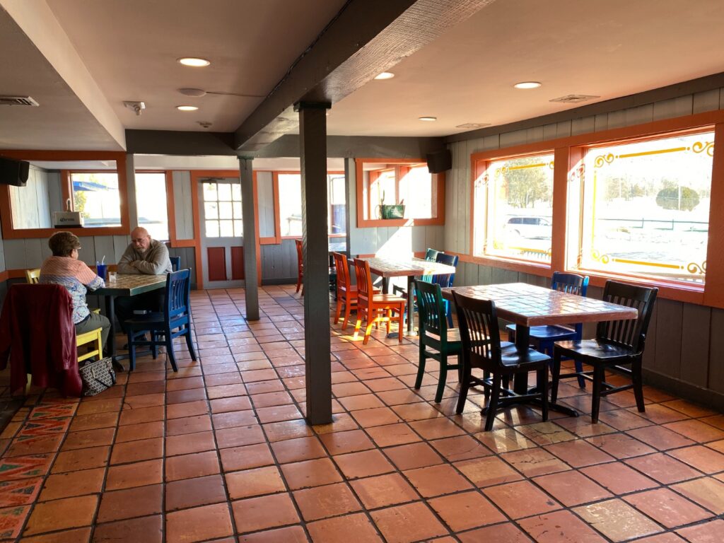 A look inside Aunt Chiladas dining area. Tables are placed far apart to adhere to social distance guidelines.