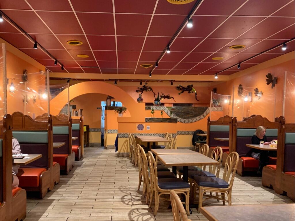 Dining room of Ixtapa Grill, still spaced out 6 feet. Photo: Jensen Coppa