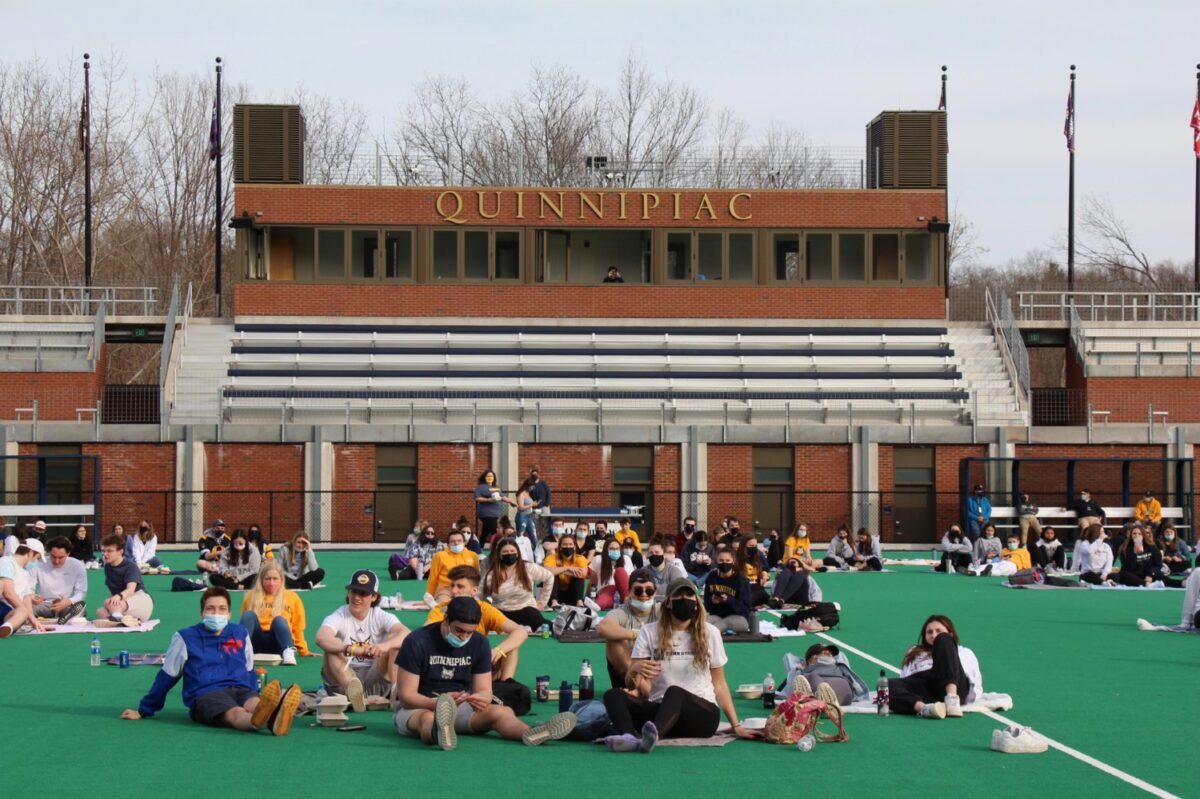 Quinnipiac students gather to watch the mens ice hockey's NCAA playoff game. Credit: Lauryn Yarnall