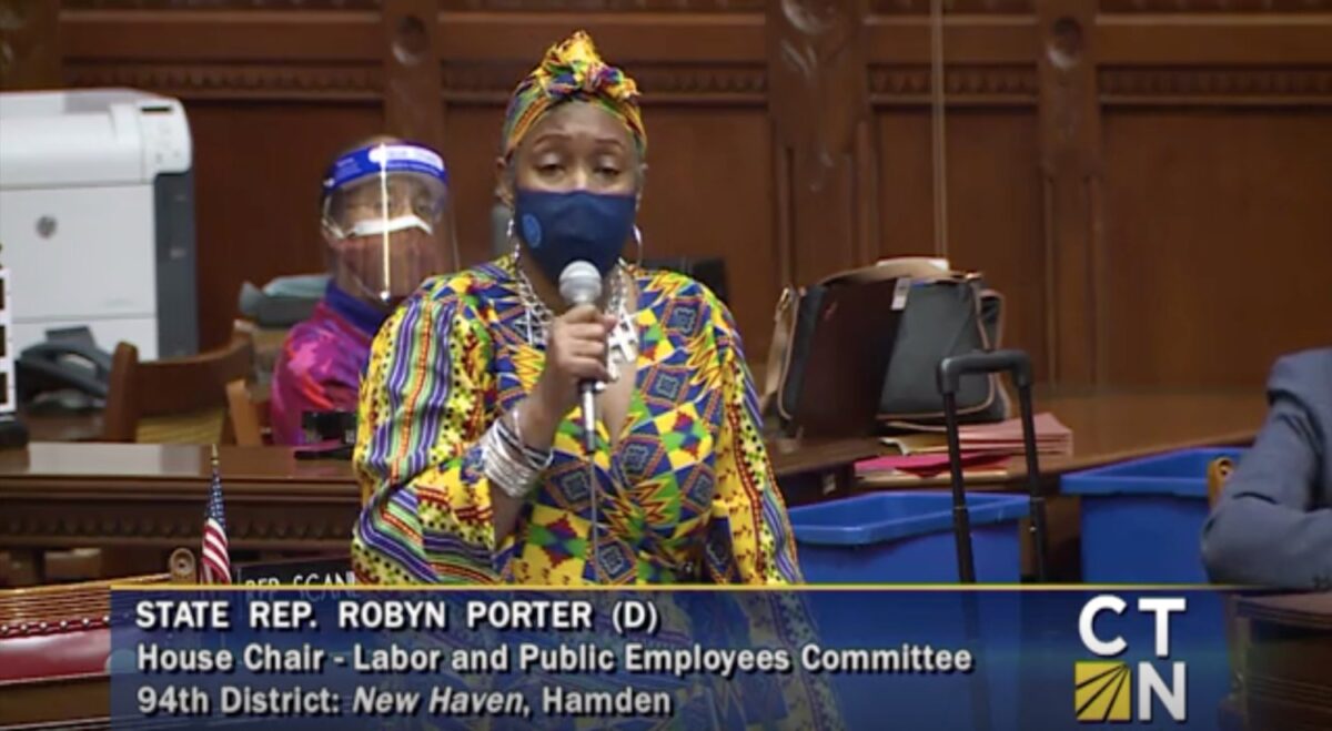 Rep. Robyn Porter talking about the CROWN Act. Caption: Rep. Robyn Porter of Hamden and New Haven led the passage of the CROWN Act on the House floor. Photo from CT-N.
