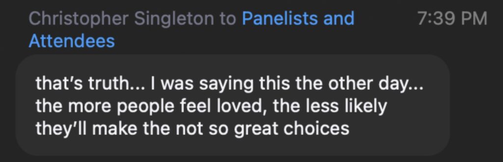 Comment from Christopher Singleton, an attendee of the panel. Photo credit: Jensen Coppa