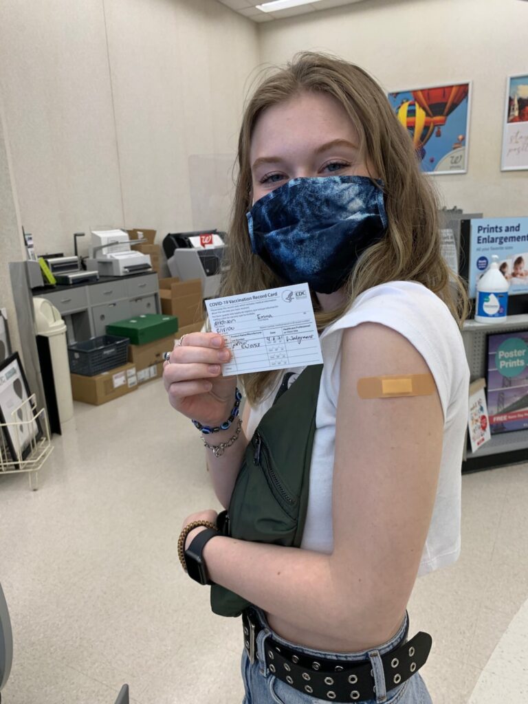 Atkinson after receiving the first dose of the vaccine. Photo provided by Atkinson.