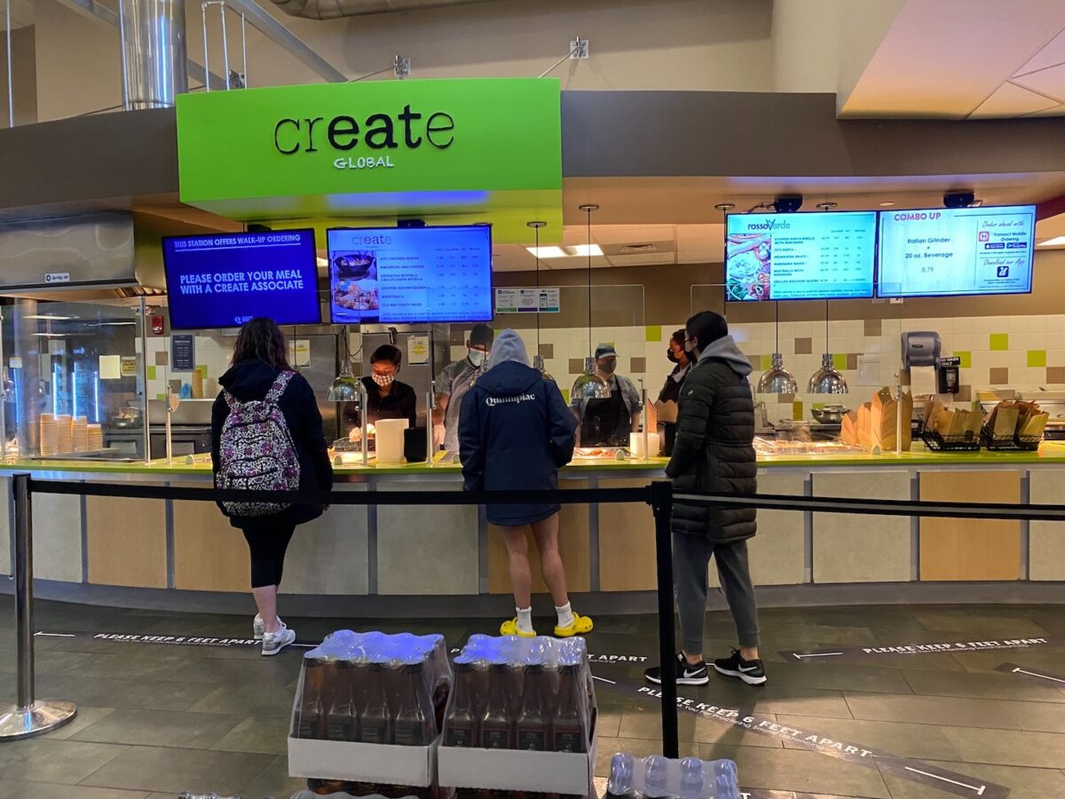 Quinnipiac Students deciding what to eat at the dining hall. Photo Credit: Samantha McCleery