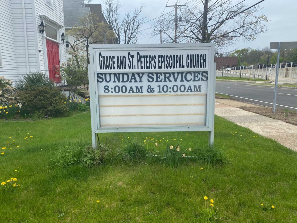 The empty message board that sits in front of Grace & St. Peter's Episcopal Church. Photo by MiriYam Judd.