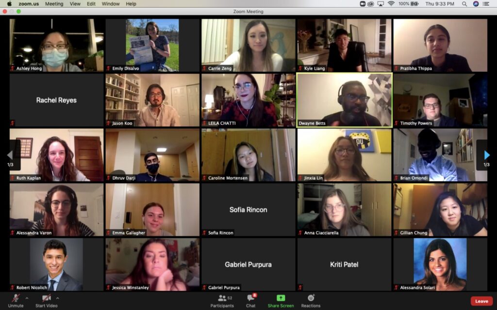 Over 60 Quinnipiac students, staff and faculty joined the poetry reading Zoom call. Photo from: Emily DiSalvo