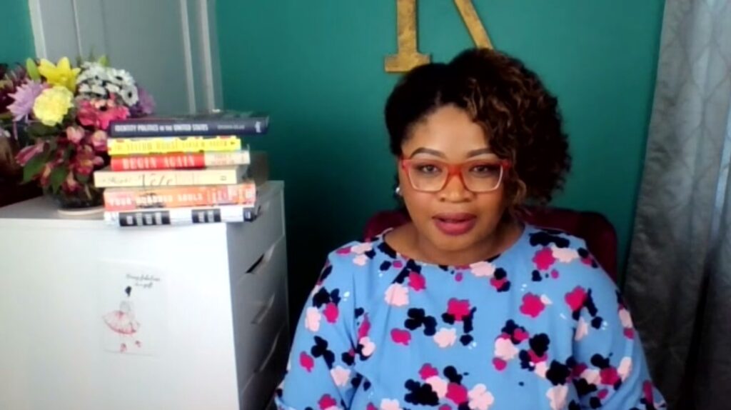 Screenshot of Khalilah Brown-Dean speaking at the online event.