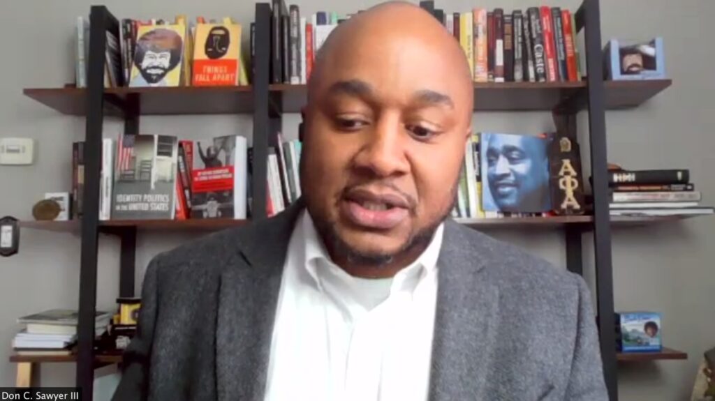Screenshot of Dr. Don C. Sawyer III speaking at the online event.