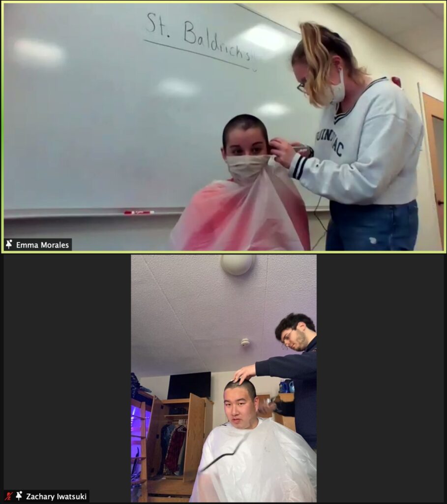 Zoom capture of Emma Morales and Zachary Iwatsuki participating in SPB event for St. Baldrick's. Credit: Evan Bell