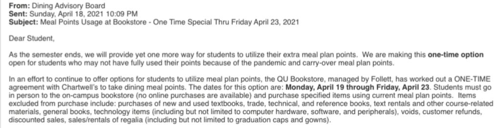 A screenshot sent to all students from the Dining Advisory Board on April 18. 2021.
