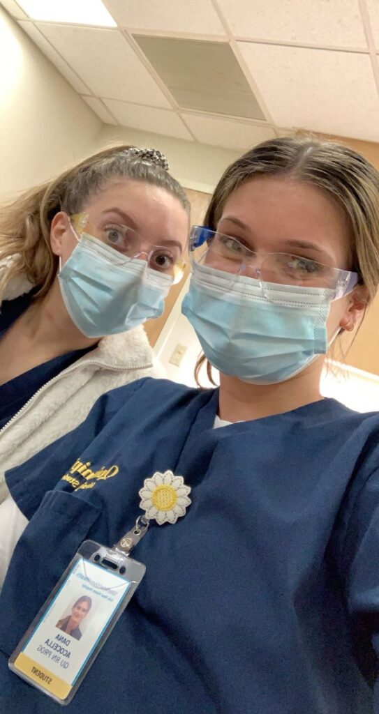 Two Quinnipiac nursing students prepare for their clinical shift at Yale New Haven Hospital: Image provided by Dana Acocella