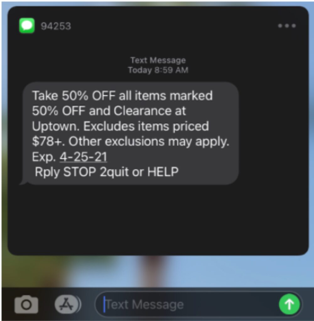 Part of Uptown Consignments text program informing customers about current deals.