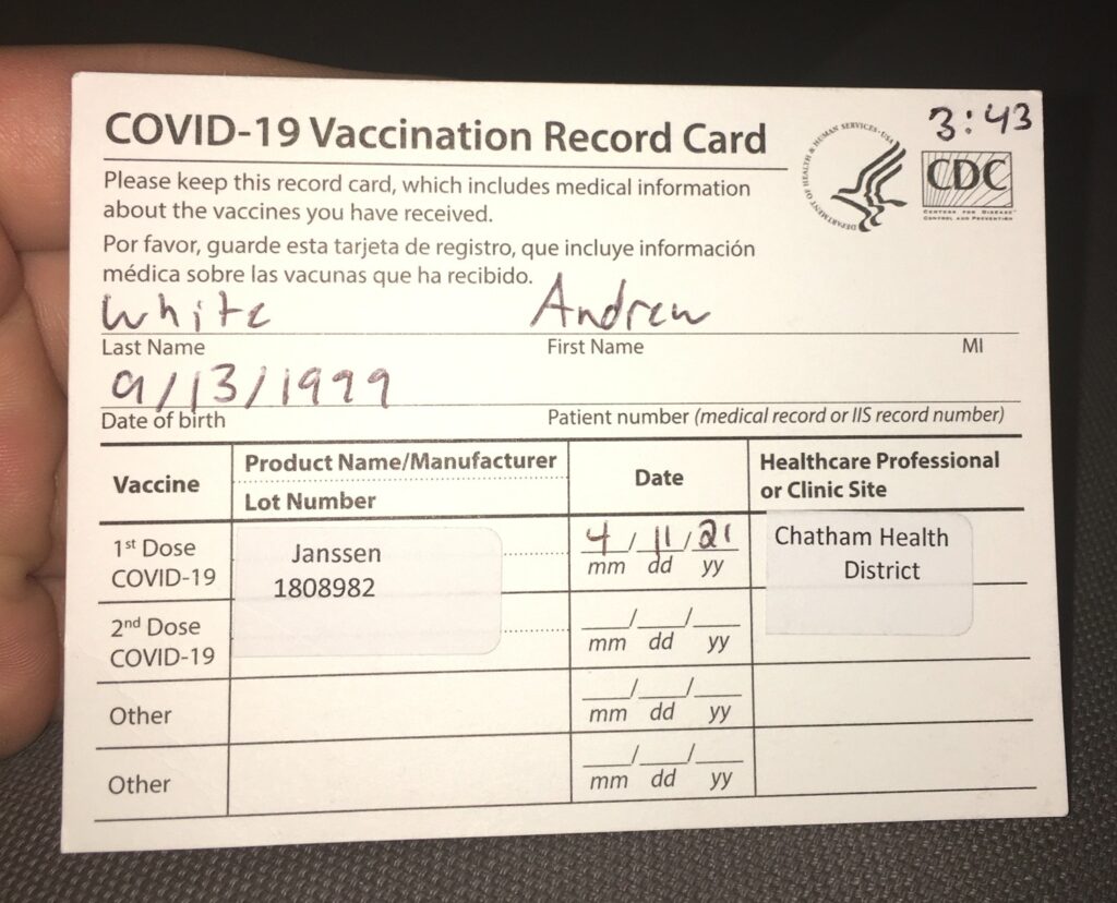 Andrew White’s COVID-19 vaccination record card for the Johnson & Johnson vaccine.