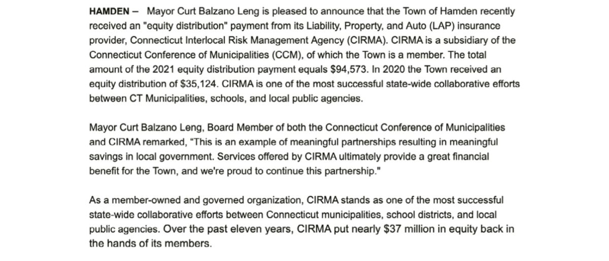 Hamden Press Release Describing Payment from CIRMA
