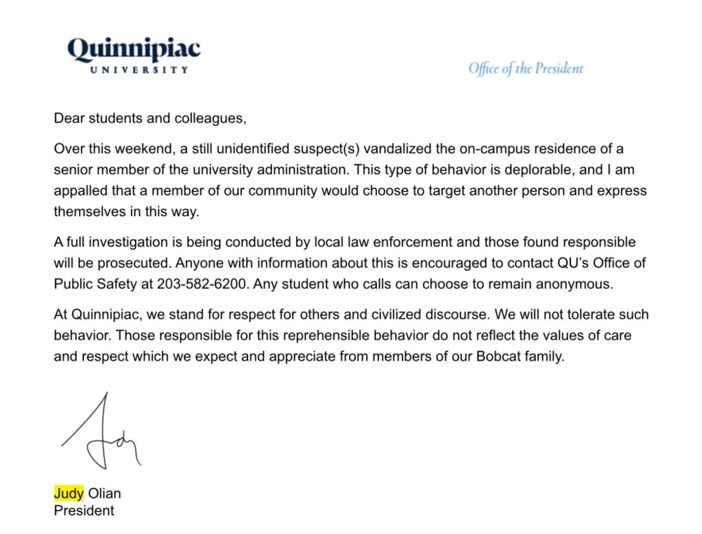 Olian’s email to students and faculty following the vandalism to Ellett’s apartment on Sept. 26.