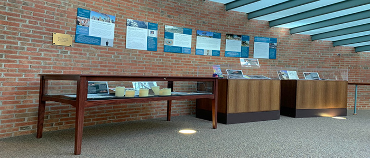 One half of the 9/11 Memorial Exhibit put together by O’Hare and Joven located in the Arnold Bernhard Library. (Photo by Andrew Marchitto)