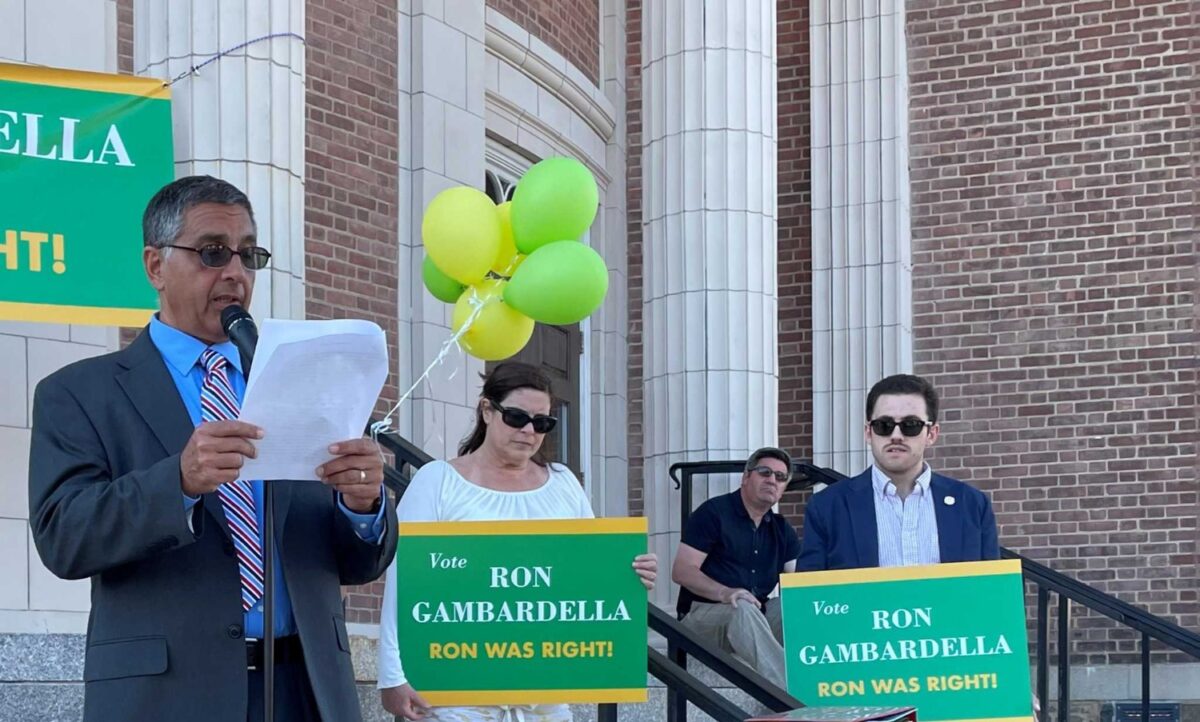Republican candidate Ron Gambardella kicks off his 2021 run for mayor at Memorial Town Hall in Hamden, Conn. alongside Councilwoman Marjorie Bonadies and Andrew Tammaro, who is running for an at-large council seat. June 17, 2021.