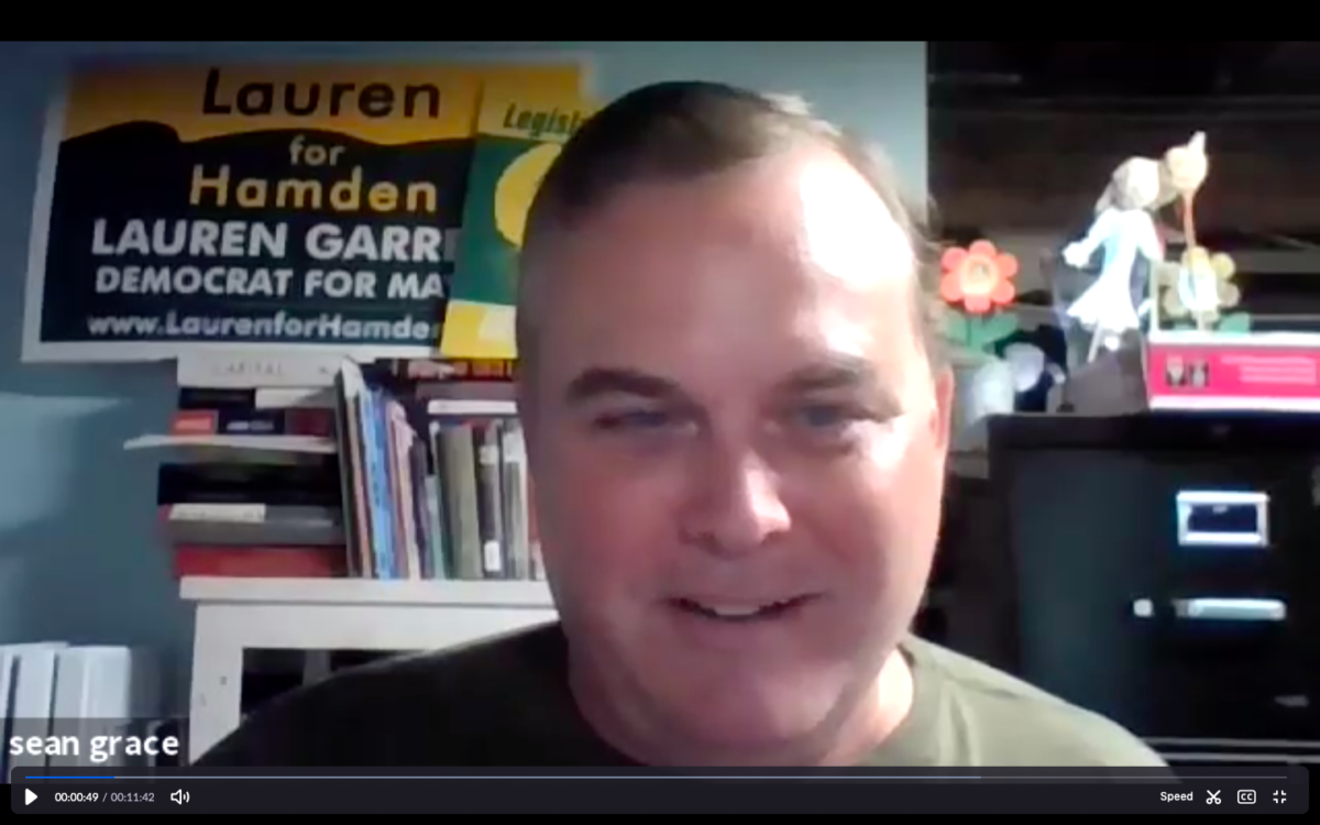 Sean Grace, chair of the Hamden Democratic Town Committee, believes that Lauren Garrett's strong campaign earned her the DTC's nomination. Screenshot from Zoom.