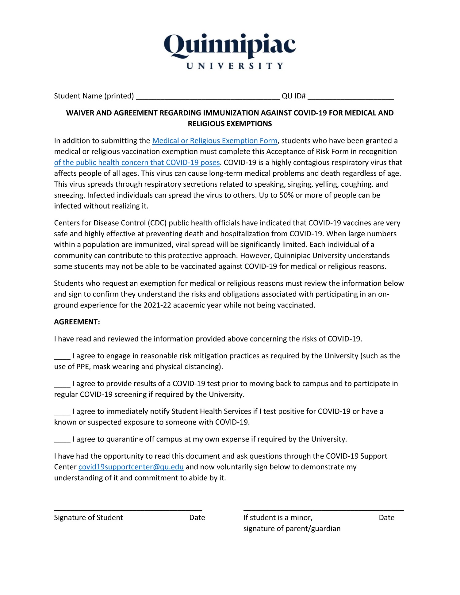 The "Acceptance of Risk" form all students seeking an exemption had to sign by July 6.