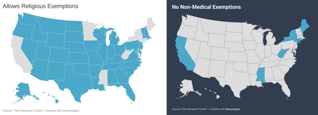 Across the nation, states are debating whether religious exemptions are a loophole or a valid option for public school vaccine requirements, including the COVID-19 vaccination. (Infographic by Skylar Haines)