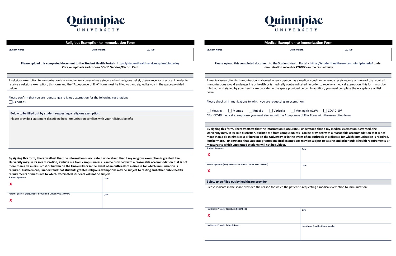 The religious and medical exemption forms students had to submit on their Student Health Portal by July 6 to be considered for a COVID-19 vaccine exemption on campus during the fall 2021 semester. 