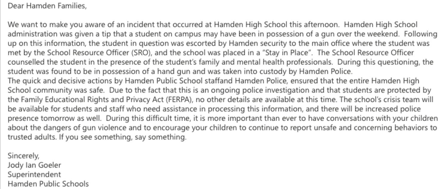 The email sent to Hamden families from Superintendent Jody Ian Goeler Oct. 5