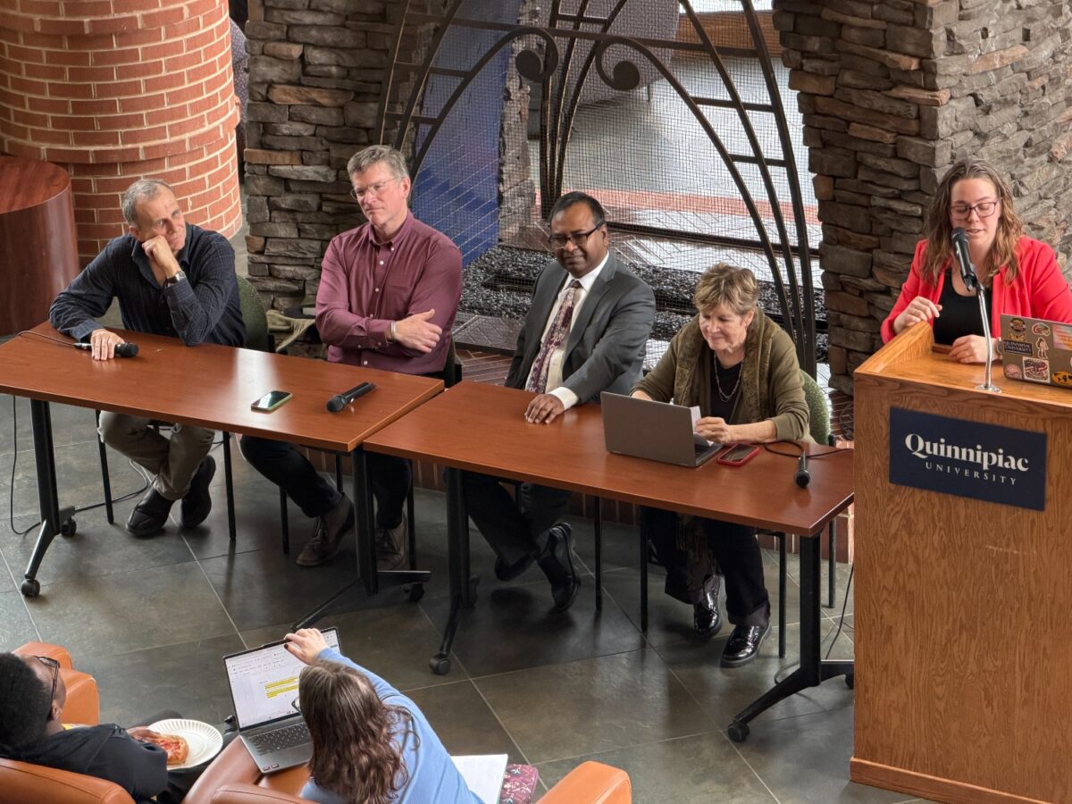 Panelists Albert Schweitzer Professor of Philosophy Anat Biletzki, Professor of International Business Mohammad Elahee, Executive Director of the Albert Schweitzer Institute Sean Duffy and Professor of Education Mordechai Gordon discuss the US-Iran conflict. (Michael Petitto/HQNN)